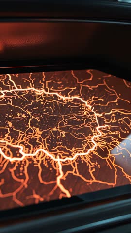 Vertical video tilting over pulsing orange circuit network in sleek car trunk interior