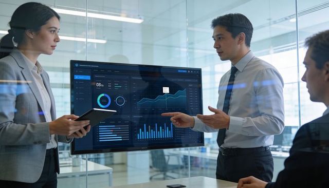 Business team presenting interactive analytics dashboard in glass meeting room with tablet