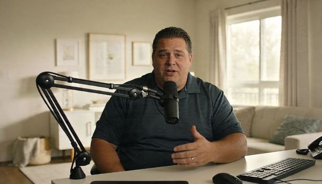 Home podcast host gesturing while speaking into professional boom microphone by window