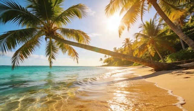Leaning palm stretching across turquoise shore, sunlit golden sand, tropical paradise