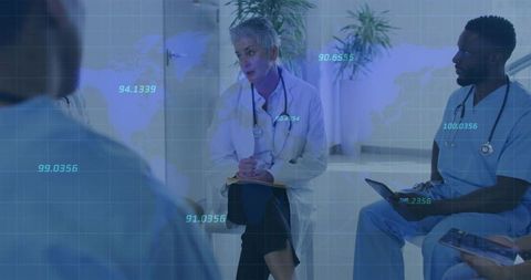 Leading clinician briefing multidisciplinary medical team with tablet and global data overlay