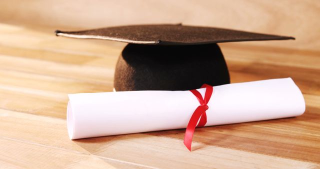 Black graduation cap and white wrapped sheet of paper with red ribbon. School time and study time, graduation.