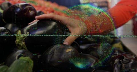 Hand selecting glossy eggplant at market with color glitch overlay and close-up detail
