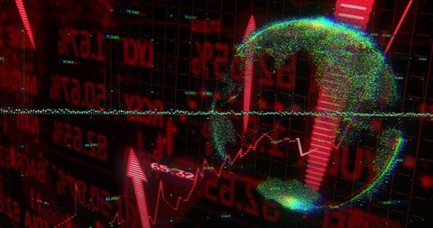 Rotating particle globe intersecting red stacked bars with neon arrow data visualization
