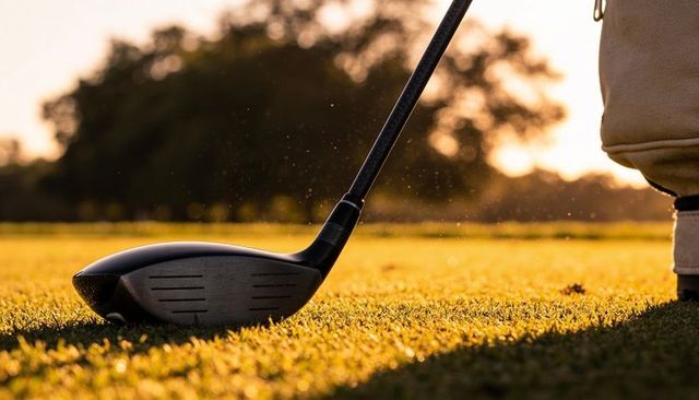 Resting golf driver on tee glinting in sunrise backlit shaft closeup on dewy turf