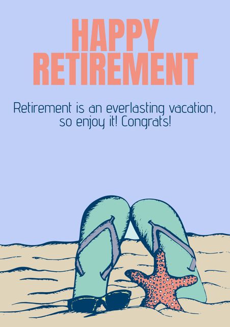 Perfect for congratulating someone on their retirement, this cheerful card with beach vacation theme, flip-flops in sand next to starfish emphasizes relaxation and leisure. Ideal for framing or personal gifts, highlights joy and new beginnings in post-retirement life.
