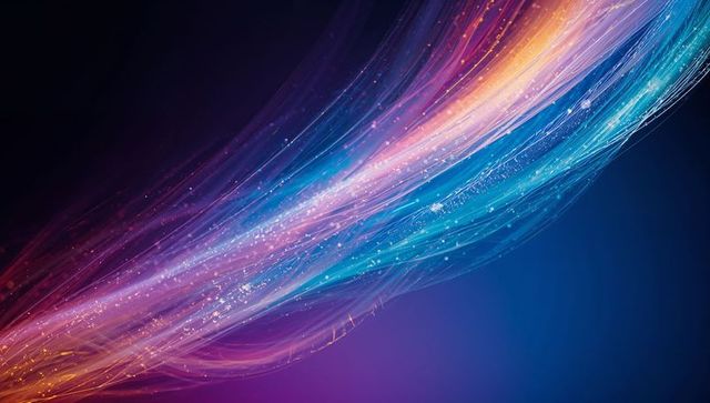 Flowing Neon Light Ribbon Sweeping Across Deep Blue Gradient With Sparkling Fiber Streaks