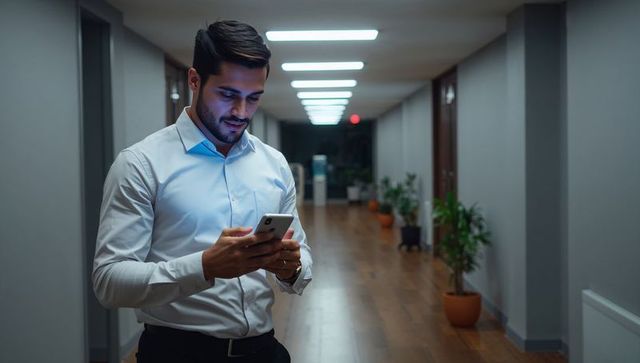 Young businessman checking smartphone in quiet modern office corridor at night