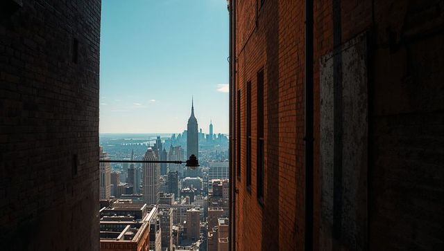 Sunlit brick alley framing empire state building skyline with suspended industrial lamp