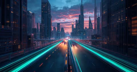 Futuristic Urban Highway with Neon Streaks at Twilight