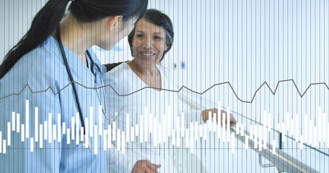 Nurse helping gowned patient walk using handrail in hospital corridor with vitals overlay