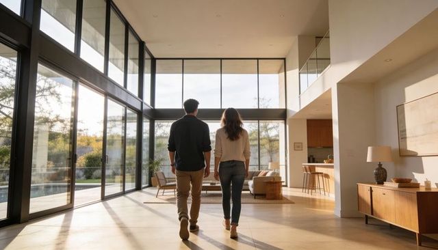 Couple walking into sunlit modern glass house with pool and open-plan living