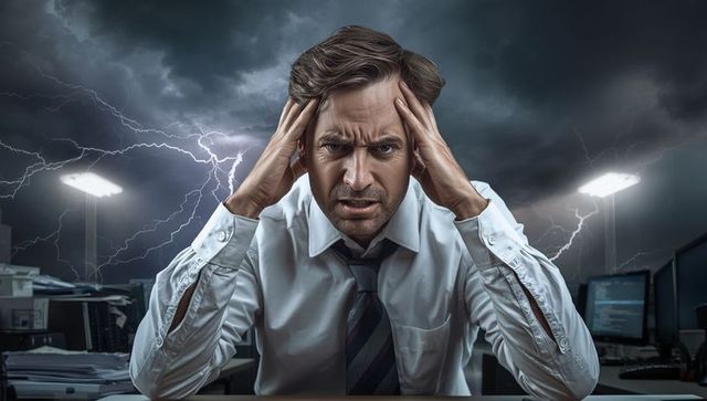 Stressed businessman under stormy sky facing intense work pressure