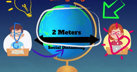 Social Distancing Graphic with Schoolchildren and Globe Backdrop