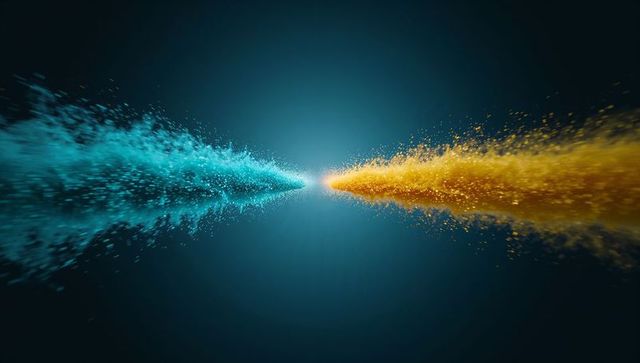 Vibrant Collision of Cyan and Yellow Particle Streams in Dynamic Explosion