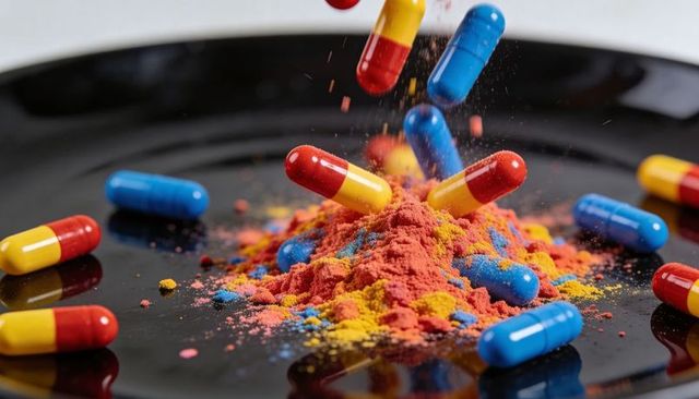 Falling red-yellow and blue capsules striking colorful powder pile on glossy black surface