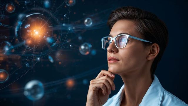 Scientist studying futuristic holographic data network glowing orbs and ai visualization