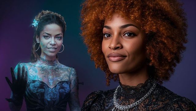 Cinematic dual portrait featuring female model with tattooed hologram in lace couture, dramatic