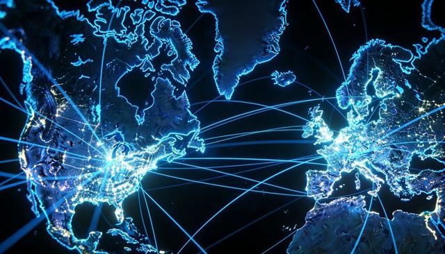 Neon network linking north america and europe with glowing coastlines and city hubs