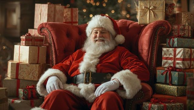 Festive Santa Claus Sitting with Christmas Gifts