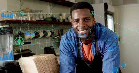 Barista Innovating in Energetic Café with Digital Data Overlay