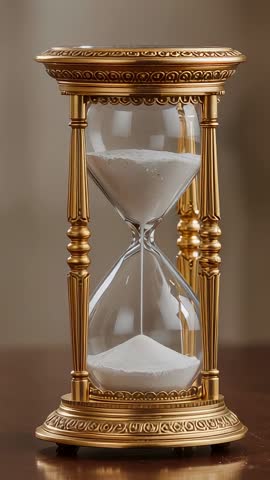 Flowing Gold Hourglass Measuring Time with Fine White Sand in Ornate Gilded Frame Vertical Video