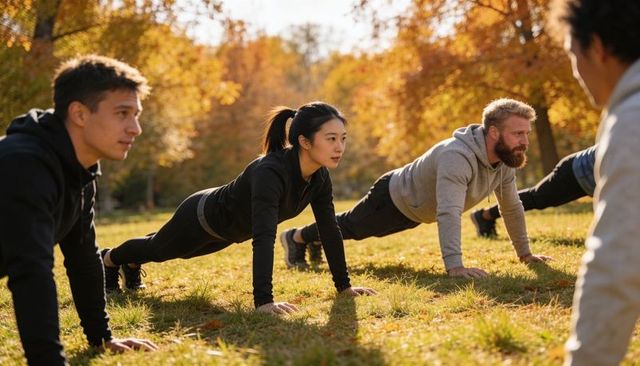 Small group doing plank exercise in autumn park team fitness training outdoor workout