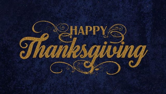 Happy thanksgiving gold-glitter script sparkling on deep navy vintage textured background