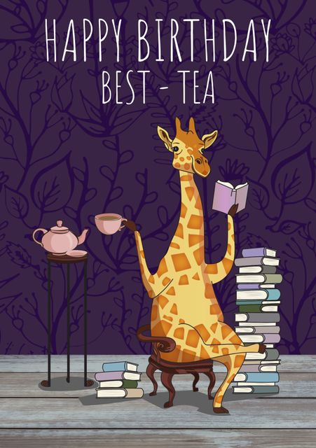 Whimsical birthday greeting card featuring a giraffe drinking tea and reading books. Perfect for a friend or loved one who enjoys tea and reading. Use for celebrating birthdays with a playful and humorous touch.