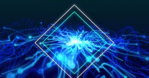 Futuristic neon diamonds with glowing blue light trails