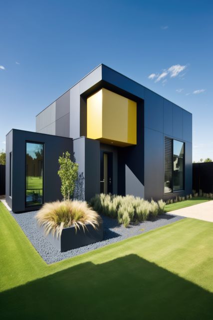 Modern/minimalist home with unique geometric design, large windows. Ideal for real estate, architectural journals, home design inspiration. Showcases clean lines and well-manicured front yard against clear blue sky.