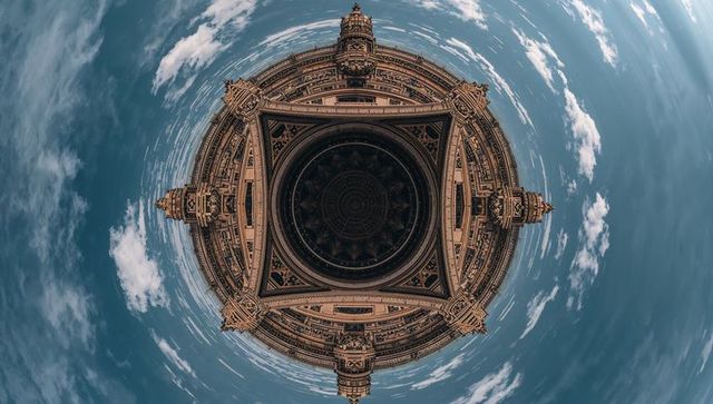 Stereographic sandstone rotunda creating kaleidoscopic dome panorama against deep blue sky