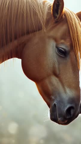 Vertical video of foal nuzzling mare muzzle in backlit pasture showing tender equine bonding