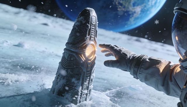Astronaut reaching alien obelisk on frosted lunar surface with glowing core