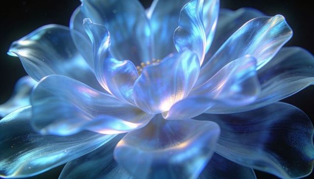 Iridescent pearlescent blue flower with glowing translucent petals and bokeh glow