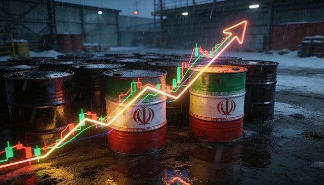 Iranian oil barrels reflecting neon candlestick market chart and rising arrow on wet yard