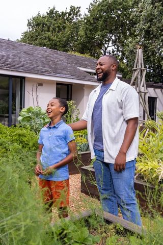 African american father and son laughing together in backyard raised-bed vegetable garden