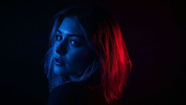Woman looking over shoulder in blue key light and red backlight, moody cinematic portrait