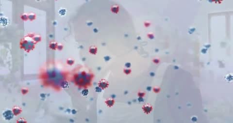 Working from home with airborne virus particles floating through room, face obscuring