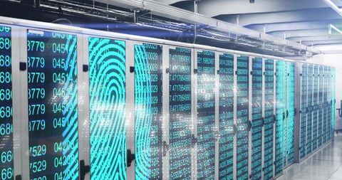 Futuristic biometric data center showing glowing teal fingerprint graphics on server racks