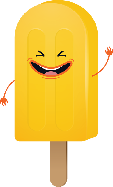 Bright and cheerful illustration of a smiling yellow ice cream with hands on a transparent background, perfect for promoting fun and sweet treats. Use in designs for kids' products, summer themes, ice cream parlors, and cheerful app icons.