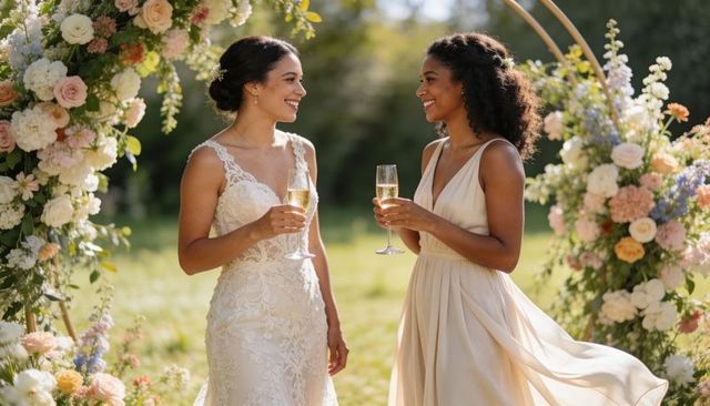 Sunlit outdoor wedding bride and bridesmaid toasting with champagne under floral arch