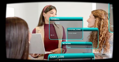 Female professional presenting with laptop and futuristic teal hud for team collaboration