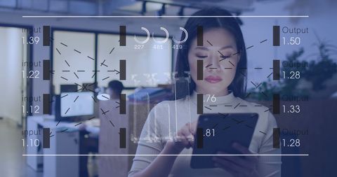 Data Processing Overlay on Woman Using Tablet in Modern Office