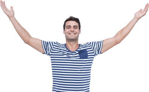 Joyful Young Man in Striped Shirt with Arms Raised on Transparent Background - Download Free Stock Videos Pikwizard.com