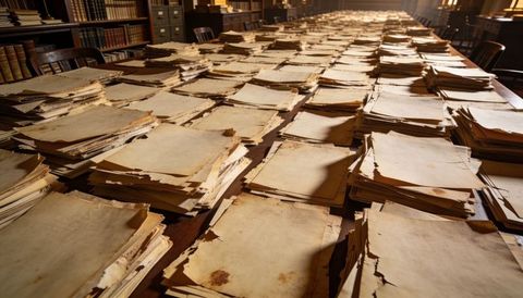 Aged archival pages lining long wooden table in historic library research archive room