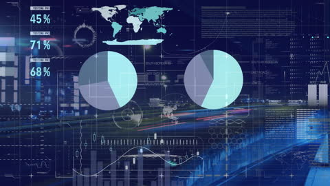 Animated Interface Displaying Data Analytics over Night Cityscape