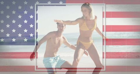 Couple Surfing Under U.S. Flag Overlay Reflecting Patriotism and Joy