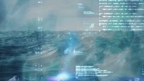 Digital Data Streams Overlay Ocean Waves Symbolizing Innovation