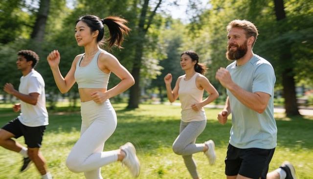 Diverse group running together in sunlit park for outdoor fitness and active lifestyle